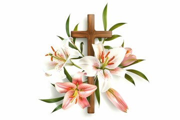 Cross with lilies isolated on white background for decorative design. Spring background © Artem