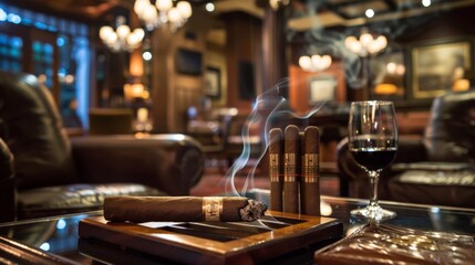 Fototapeta premium Picture a tranquil evening at a cigar lounge. Imagine the smoke curling up from a lit cigar, creating a relaxing and sophisticated ambiance for the patrons.