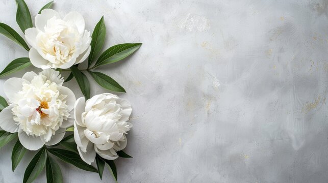 Fresh white peony flowers on light gray table background. Empty place for emotional, sentimental text, quote or sayings. Closeup. Top down view