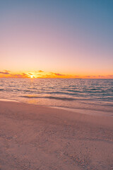 Sea sand sky concept, sunset colors clouds beachfront horizon. Inspire waves beams, meditation nature landscape, beautiful colors, wonderful scenery of tropical beach. Beachside travel summer vacation