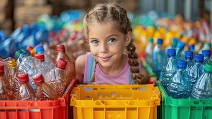 A young girl with braided hair is surrounded by colorful bins filled with plastic bottles, actively participating in recycling, symbolizing hope and conscientiousness for the future.