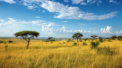 Obraz premium Picture a vast savannah stretching to the horizon, dotted with acacia trees and tall grasses swaying in the breeze, and teeming with a diverse array of wildlife.