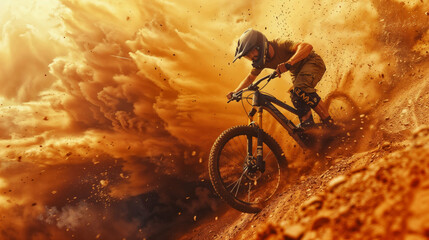 Professional Cyclist Riding the Downhill Mountain Bike on the Summer Rocky Trail at the Evening