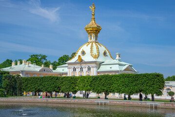 Coat of arms of the Grand Palace in the Upper Park of the Peterhof complex (Petrodvorets), Russia