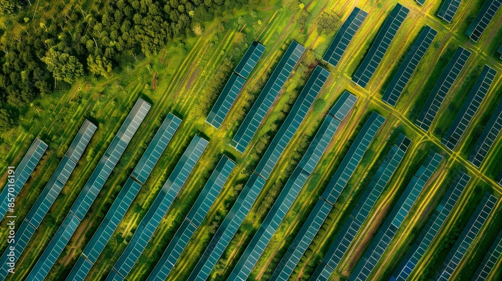 Wall mural Solar farms sprawl across the landscape, their shimmering arrays of panels painting a picture of progress as they capture the sun's energy and convert it into power for the grid.