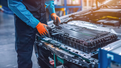 An engineer is demonstrating the use of advanced technology by repairing the electric cars battery, promoting clean energy and sustainable transportation