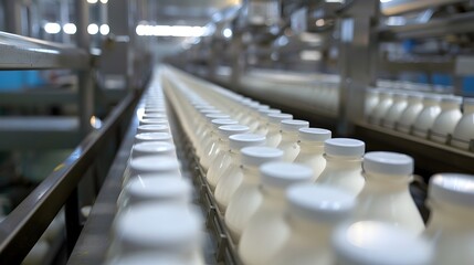Fototapeta premium Hundreds of Yoghurt Bottles Flowing on Production Line from Low Angle Perspective