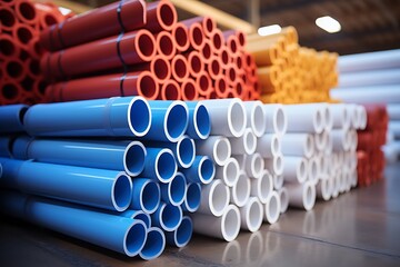 Stacked plastic pipes in a warehouse. Shallow depth of field