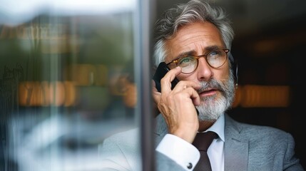 An elderly man with a gray beard and stylish glasses is seen talking on a smartphone, while dressed in a business suit, likely in a professional environment.