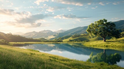 Obraz premium Serene Sunrise in an International Park: Golden Light Over Rolling Hills and Ponds
