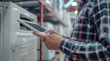 Obraz premium Technician using a digital tablet to diagnose HVAC issues, ensuring accurate and efficient problem-solving. HVAC service technician. Copyspace