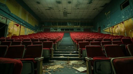Fototapeta premium The quiet stillness of the empty movie theatre belies the vibrant energy that once filled its walls, now dormant in the absence of the laughter and applause of its audience.