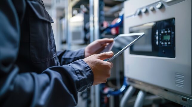 HVAC technician with digital tablet diagnosing system issues for optimal performance and reliability. HVAC service technician. Copyspace