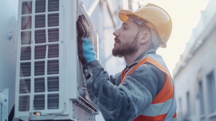 Detailed work by technician replacing old HVAC unit with new, improving home comfort and reliability. HVAC service technician. Copyspace