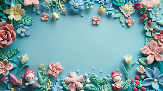 A blue background with a colorful border of flowers and two elves made from playdough.