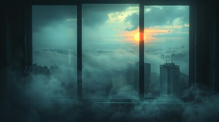 Foggy Morning: Dense fog enveloping the view from a window, lending an air of mystery and intrigue to the scene, perfect for creating atmospheric imagery. Illustration, Minimalism,