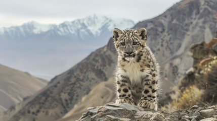 Obraz premium Through the lens of the photographer, the innocence and vulnerability of the snow leopard cub are juxtaposed against the rugged backdrop of its mountainous habitat