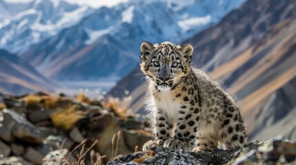 Obraz premium Through the lens of the photographer, the innocence and vulnerability of the snow leopard cub are juxtaposed against the rugged backdrop of its mountainous habitat