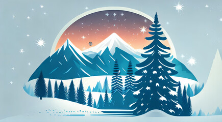 A stylized winter scene featuring a prominent evergreen tree against a teal sky, surrounded by snow-covered ground and smaller trees.