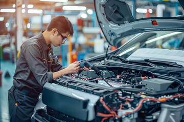 In an automotive repair shop, a mechanic is inspecting the electrical system of an electric car, ensuring proper maintenance and functionality
