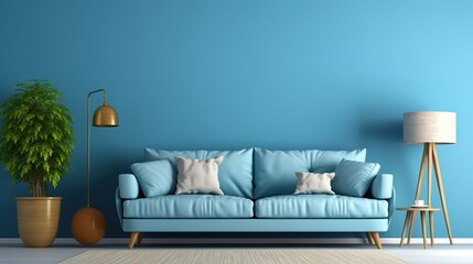 Interior background of a living room with comfortable sofa and blue wall