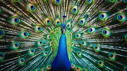 Obraz premium Visualize a colorful peacock displaying its vibrant plumage. Picture its iridescent feathers fanned out in a majestic display, captivating observers with its beauty and elegance.
