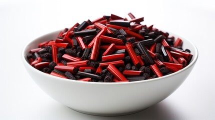 Bowl with black and red licorice pieces on white surface