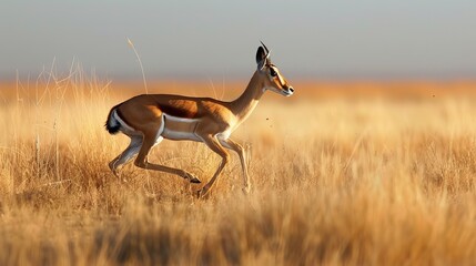 Visualize a graceful gazelle bounding across the savannah. Picture its sleek form and long legs propelling it effortlessly through the grasslands, embodying elegance 