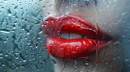 Fototapeta premium A pair of bright red lips imprinted on a frosted windowpane, a playful declaration of affection.