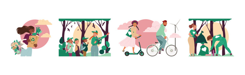 People Character Care of Nature and Environment Vector Set