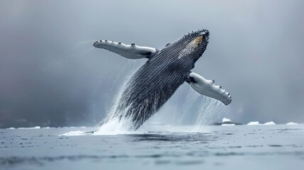 Fototapeta premium Visualize a magnificent humpback whale breaching the surface of the ocean. Picture its massive body soaring gracefully through the air before crashing back into the water with a mighty splash.