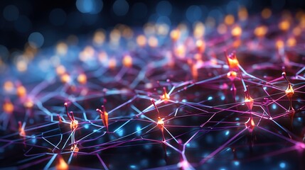 Neural network 3D illustration. Big data and cybersecurity. Data stream. Global database and artificial intelligence. Bright, colorful background with bokeh effect