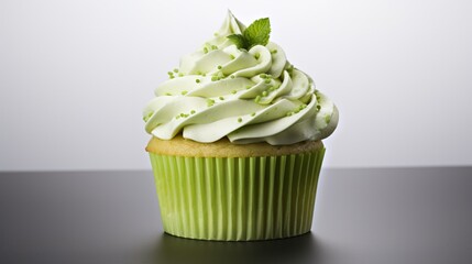 delicious matcha green birthday cupcake on white background