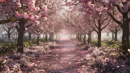 Fototapeta premium Visualize a peaceful cherry blossom grove in full bloom. Picture the delicate pink petals drifting down like snow, covering the ground and creating a magical, romantic atmosphere.