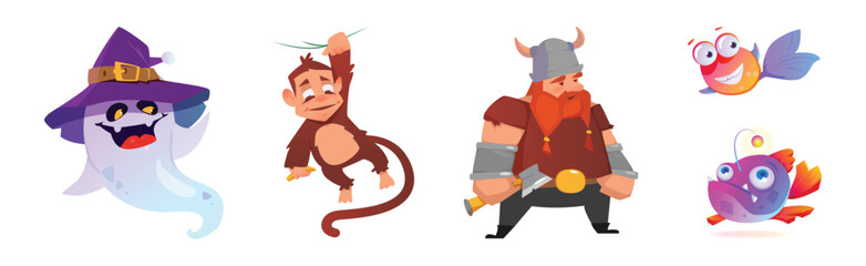 Game Characters with Viking, Monkey, Fish and Ghost Vector Set