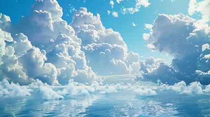 Visualize a peaceful landscape dotted with fluffy cumulus clouds, their puffy shapes drifting lazily across the azure sky like cotton balls in a vast blue sea.