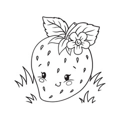 illustration of a cute smiling strawberry in cartoon style, coloring page for coloring or activity books for kids, isolated vector illustration on white background, black outline drawing