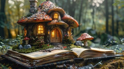 A delightful image featuring a charming mushroom-shaped cottage emerging from an open book, symbolizing a whimsical fairy tale set in a magical forest setting.