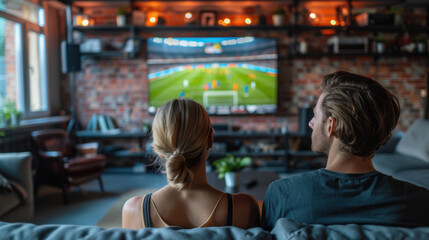 Obraz premium A couple sitting on a couch in a cozy living room, watching a sports game on a large television.