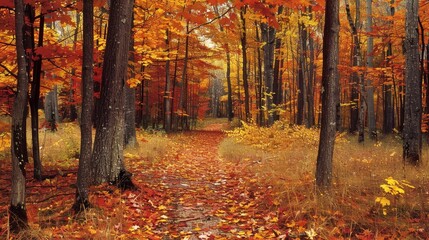 Obraz premium Visualize a serene forest in autumn. Picture the vibrant colors of the leaves--reds, oranges, and yellows--creating a picturesque canopy. Imagine a gentle breeze rustling through 