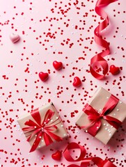 Valentines day flat lay composition with red ribbon, gifts, confetti on pink background. Suitable for vertical banner, flyer, brochure, stories on social media 