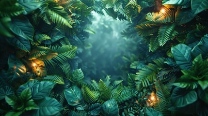 A mystical scene of dense greenery with softly glowing lights interspersed among the leaves. The haze and lighting create an enchanting and dreamy atmosphere, perfect for fantasy themes.