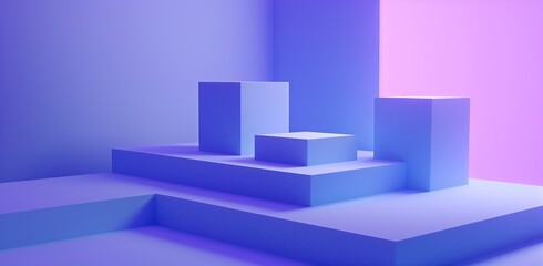 3d purple blue geometric shapes arranged in minimalist style for product mockup background modern feel