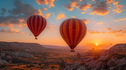 Fototapeta premium Goreme village, Cappadocia, Turkey, hot air balloons, sunset, scenic landscape, adventure tourism, travel destination.