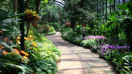 Visualize a sunny day at a botanical garden, with winding paths leading through lush greenery and vibrant flowerbeds. Include visitors strolling leisurely and taking in the beauty of nature.