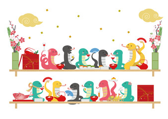 2025年　巳年　年賀状用　干支のヘビの宴会イラスト