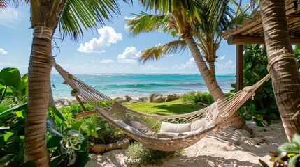 Visualize a tranquil beachside reading nook. Picture a cozy chair or hammock under the shade of a palm tree, a stack of books nearby, and the soothing sound of the waves creating