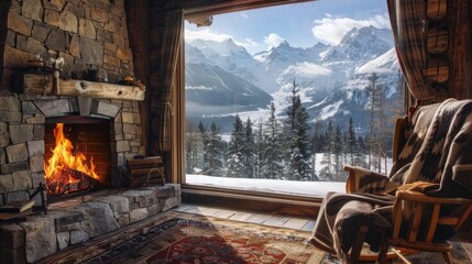 Visualize a tranquil mountain retreat with a stone fireplace. Picture the fire's warmth filling the cozy cabin, with a panoramic view of snow-covered peaks outside, providing a perfect blend 