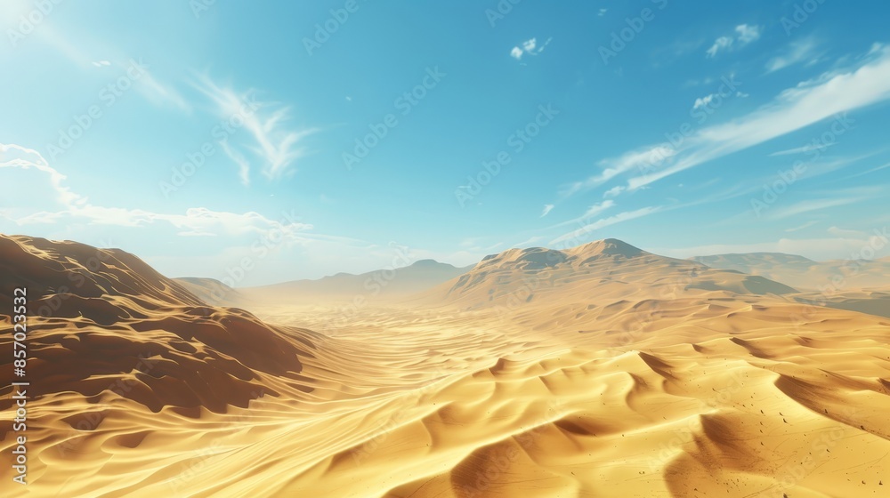 Wall mural Visualize a vast desert landscape stretching as far as the eye can see, with towering sand dunes and golden hues under the endless expanse of a clear blue sky.