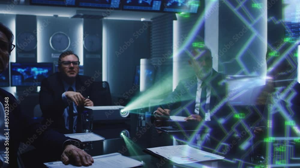 Poster Executives in a Conference Room Discuss Infrastructure Data Displayed on a Futuristic Projector. Diverse Team Does Strategic Traffic Planning With Holographic Visuals and Digital Analytics.